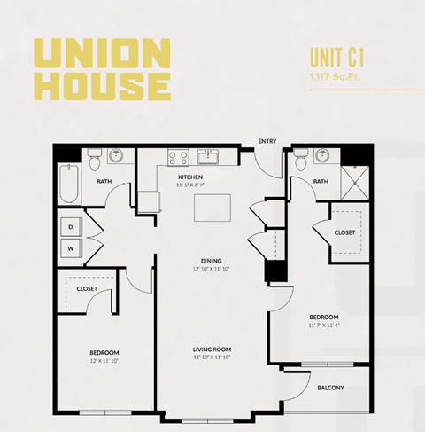 A floor plan of a Union House apartment unit C1, which is 1,117 square feet.
